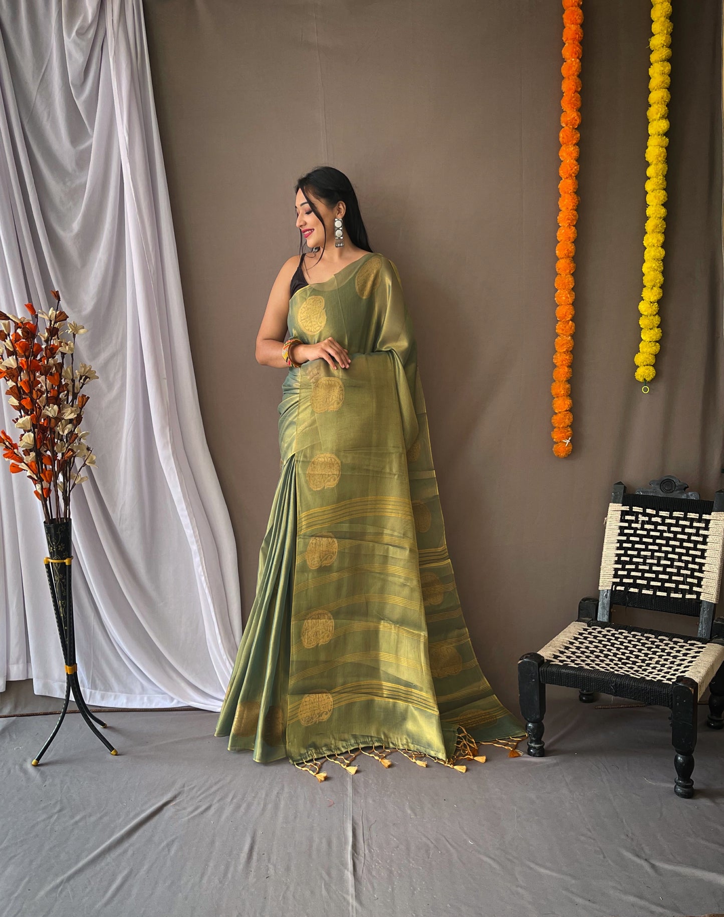 Green Tissue Silk Saree with Tassels