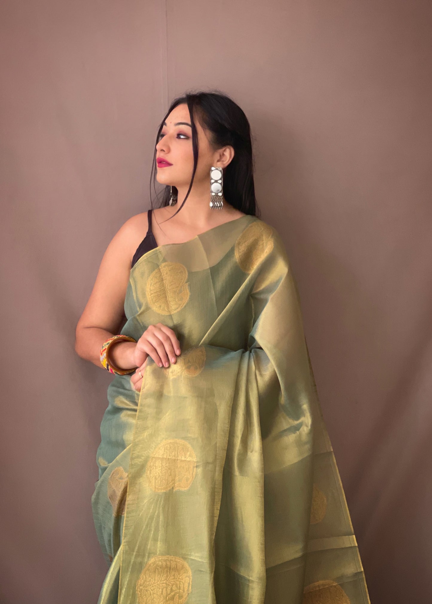 Green Tissue Silk Saree with Tassels