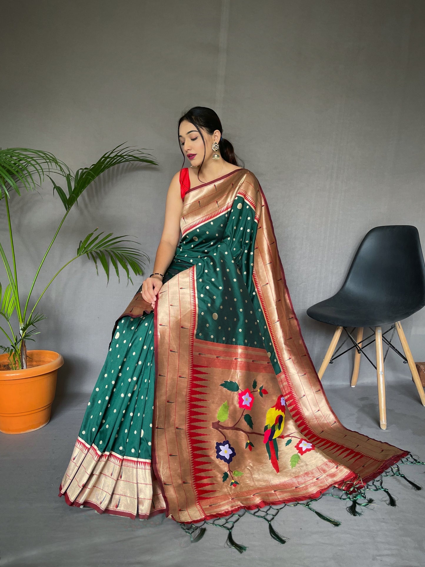 Green Printed Paithani Silk Saree Set