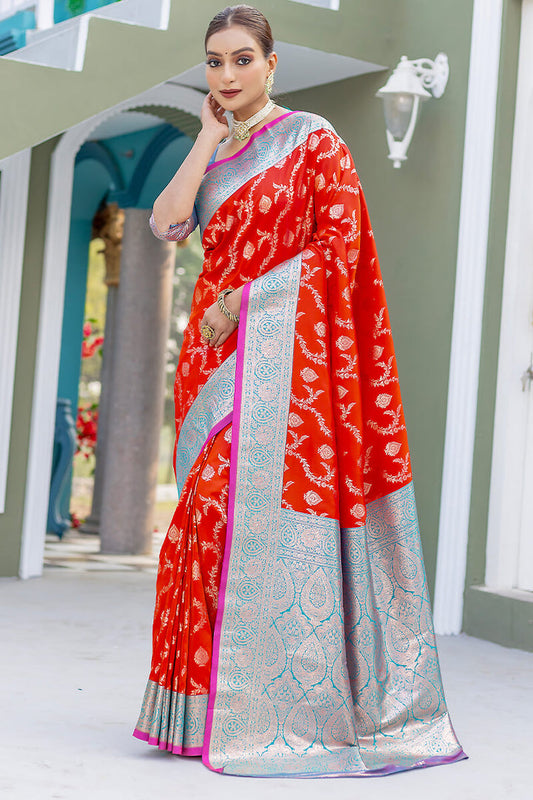 Guardsman Red Satin Banarasi Silk Saree