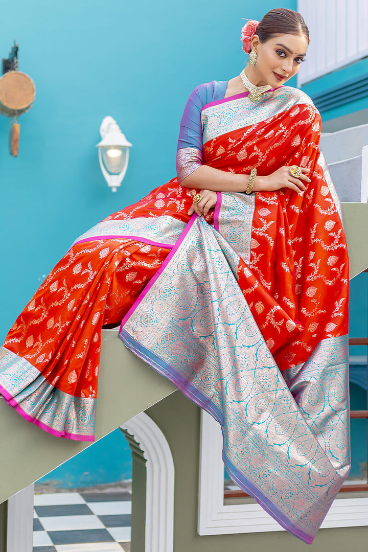 Guardsman Red Satin Banarasi Silk Saree