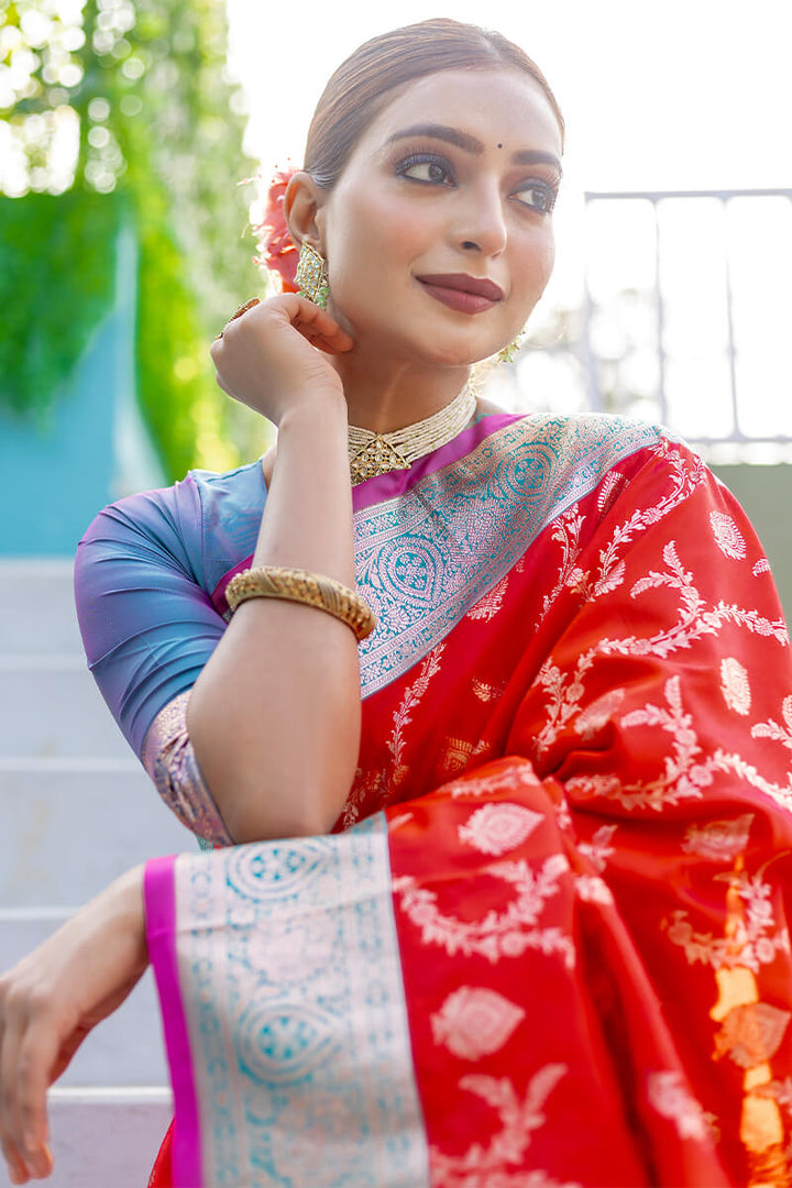 Guardsman Red Satin Banarasi Silk Saree