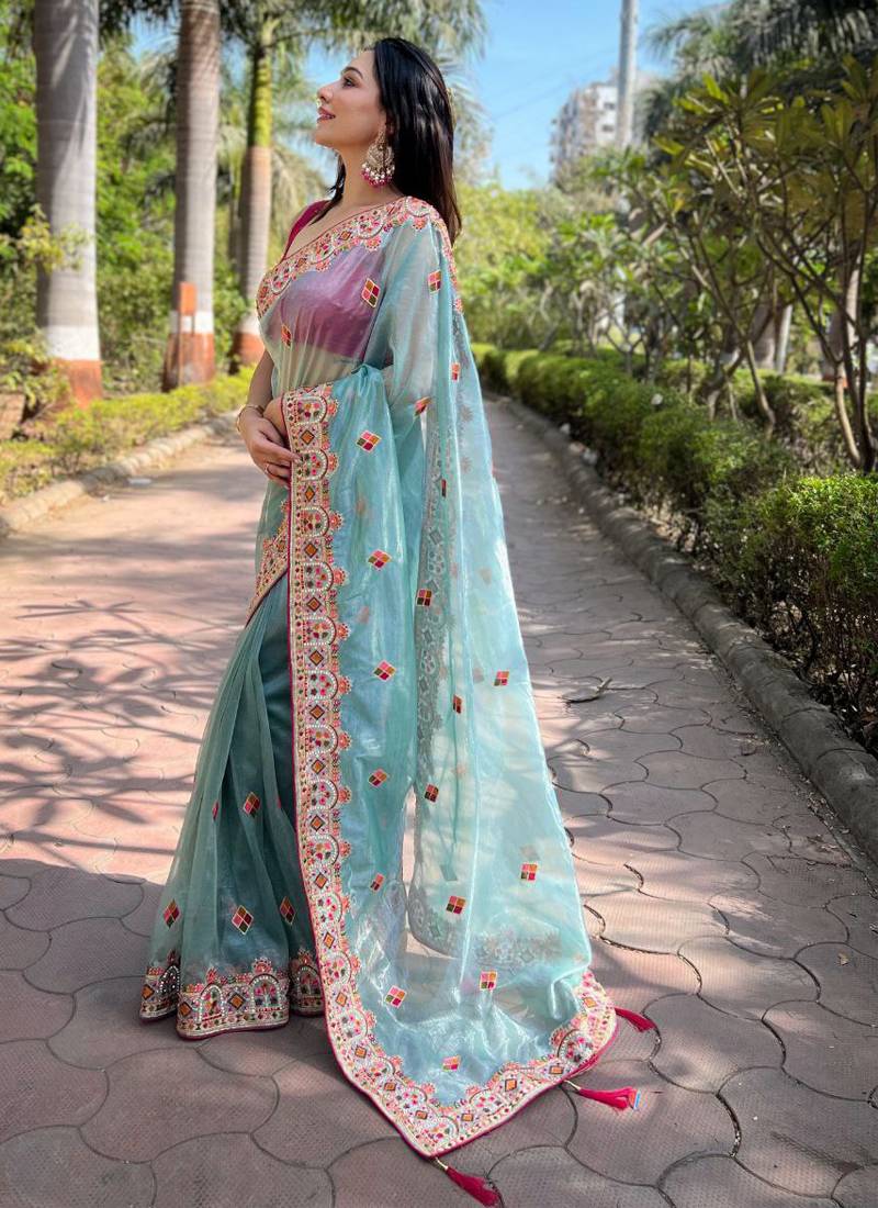 Sky blue Twill Net Designer Embroidery Work With Embellished Diamond Work Saree