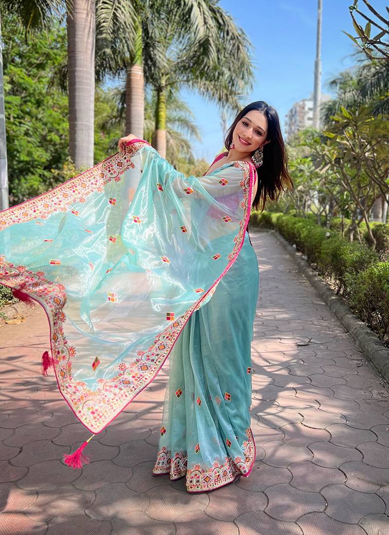 Sky blue Twill Net Designer Embroidery Work With Embellished Diamond Work Saree