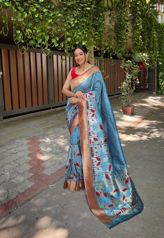 Light Denim Zari Woven Patola Silk Saree Set