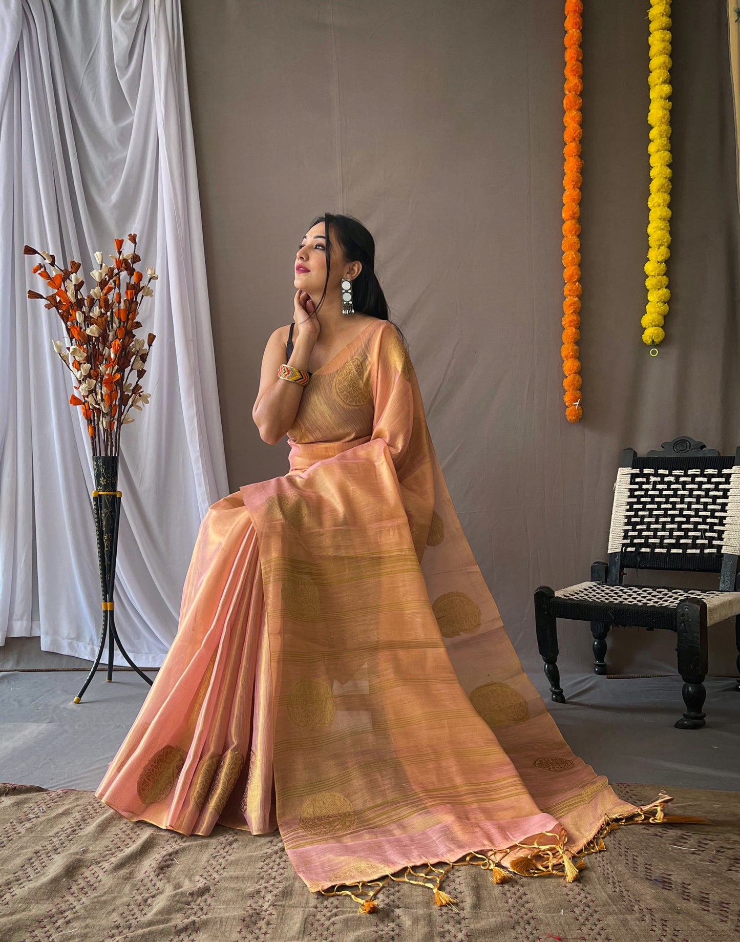 Light Pink Tissue Silk Saree with Tassels