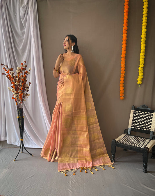 Light Pink Tissue Silk Saree with Tassels