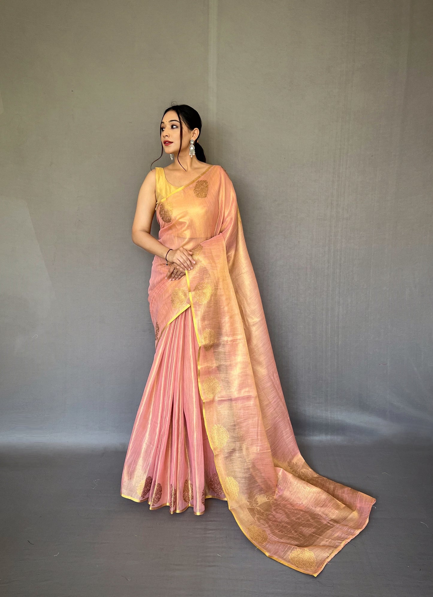 Light Pink & Gold-Toned Woven Design Zari Tissue Saree