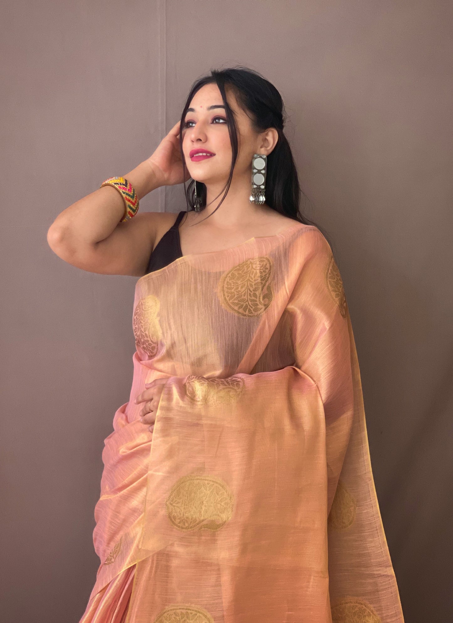 Light Pink Tissue Silk Saree with Tassels