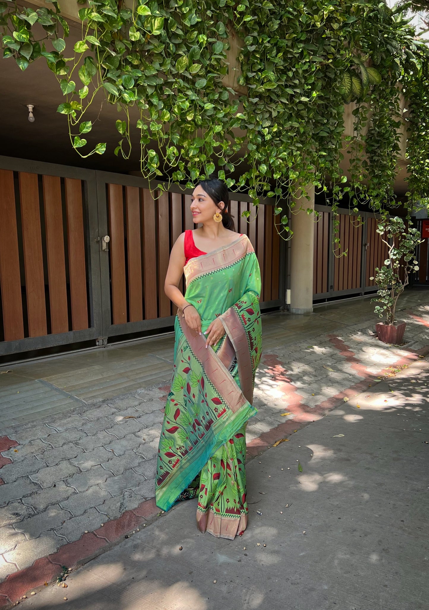 Lime Green Zari Woven Patola Silk Saree Set