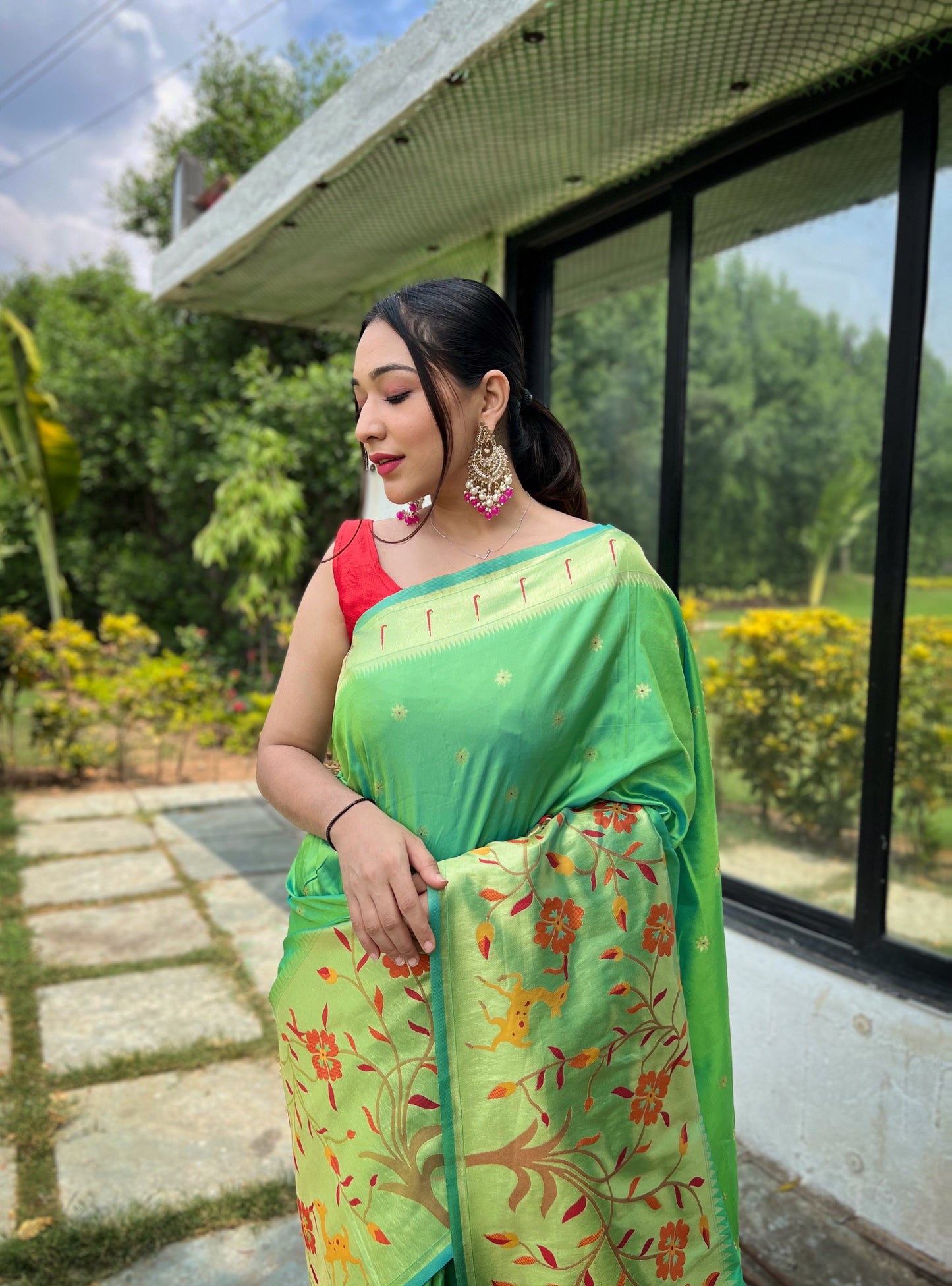 Lime Green Soft Kanchipuram Paithani Silk Saree