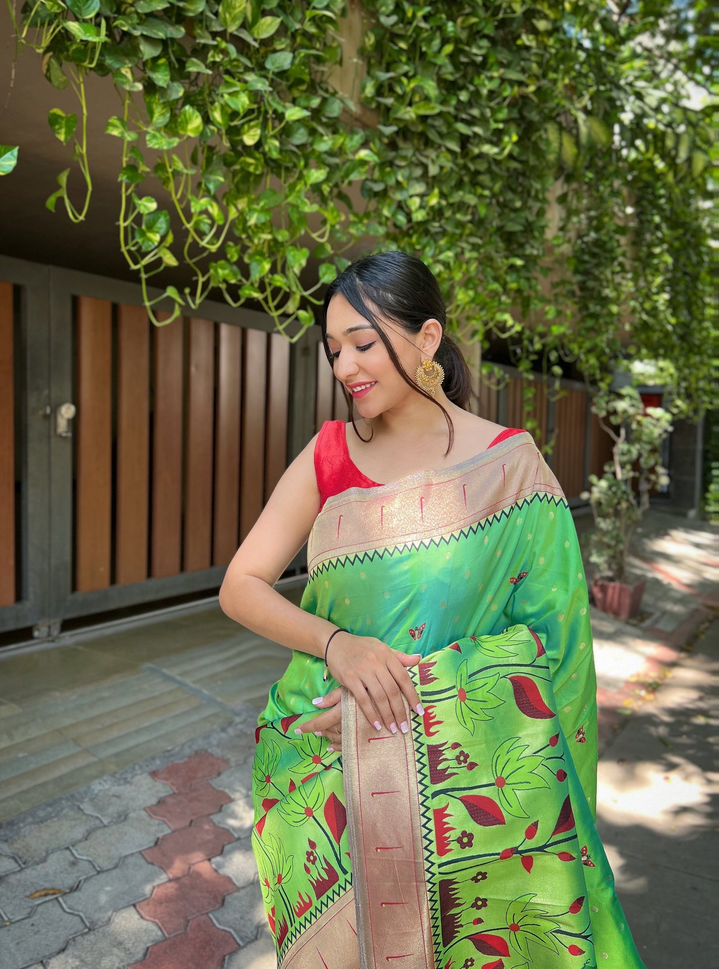 Lime Green Zari Woven Patola Silk Saree Set