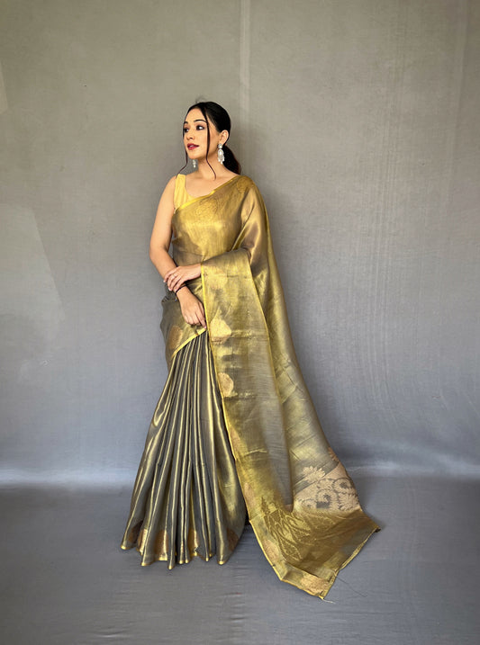 Mehendi green & Gold-Toned Woven Design Zari Tissue Saree