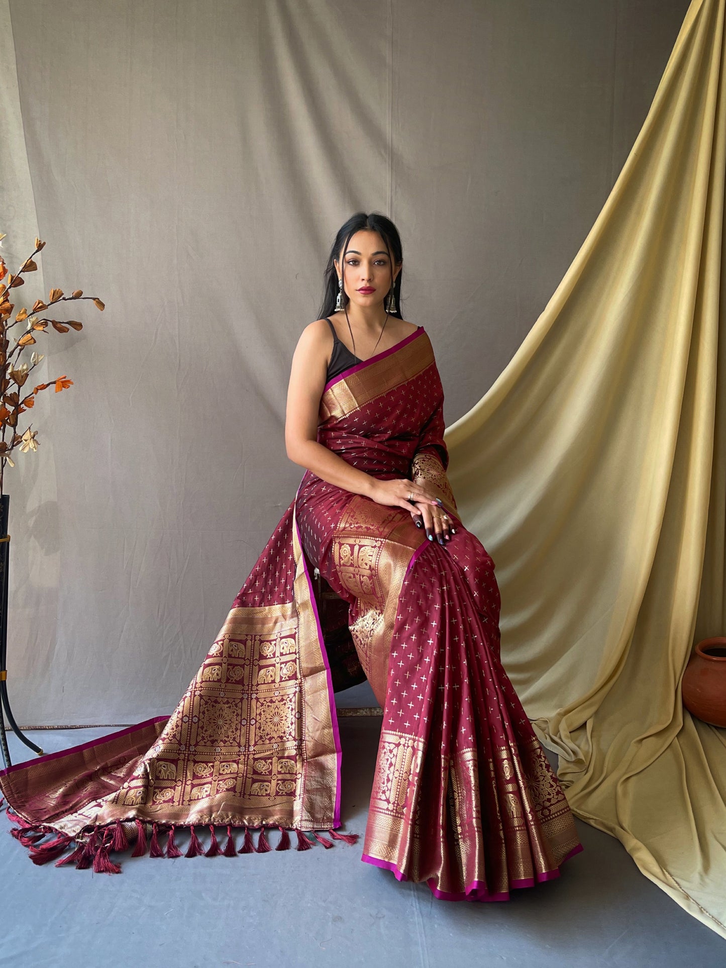 Maroon Woven Saree with Contrast Border