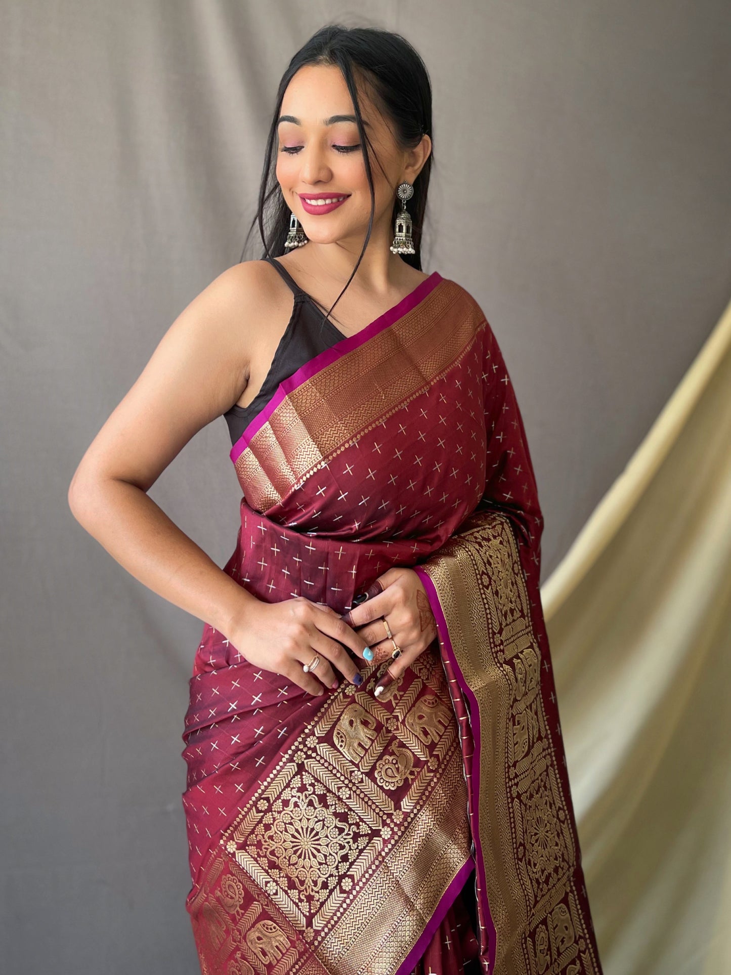 Maroon Woven Saree with Contrast Border