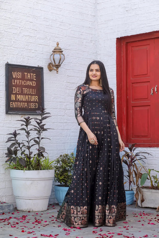 Black Banarasi Silk Ethnic Maxi Zari Woven Ethnic Dress