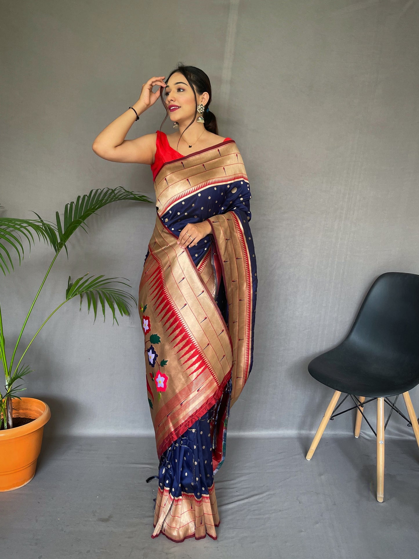 Navy Blue Printed Paithani Silk Saree Set