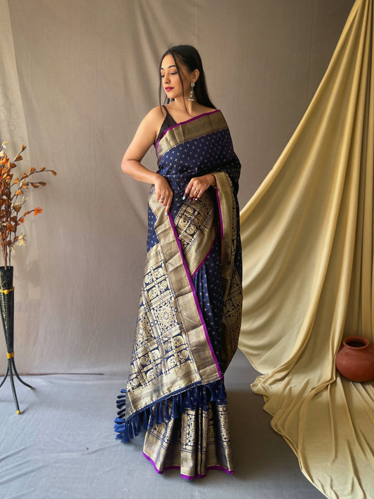 Navy Blue Woven Saree with Contrast Border