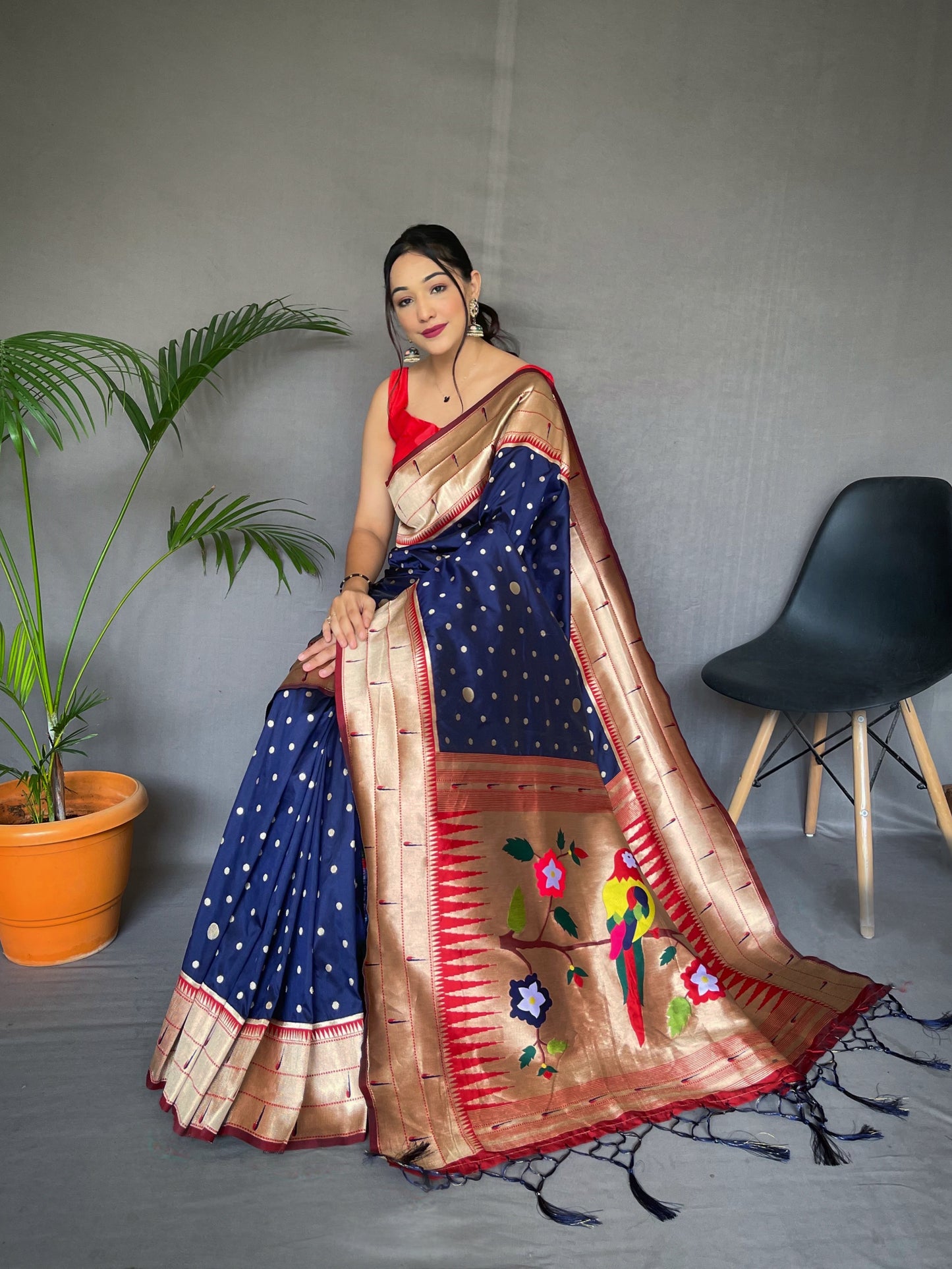 Navy Blue Printed Paithani Silk Saree Set