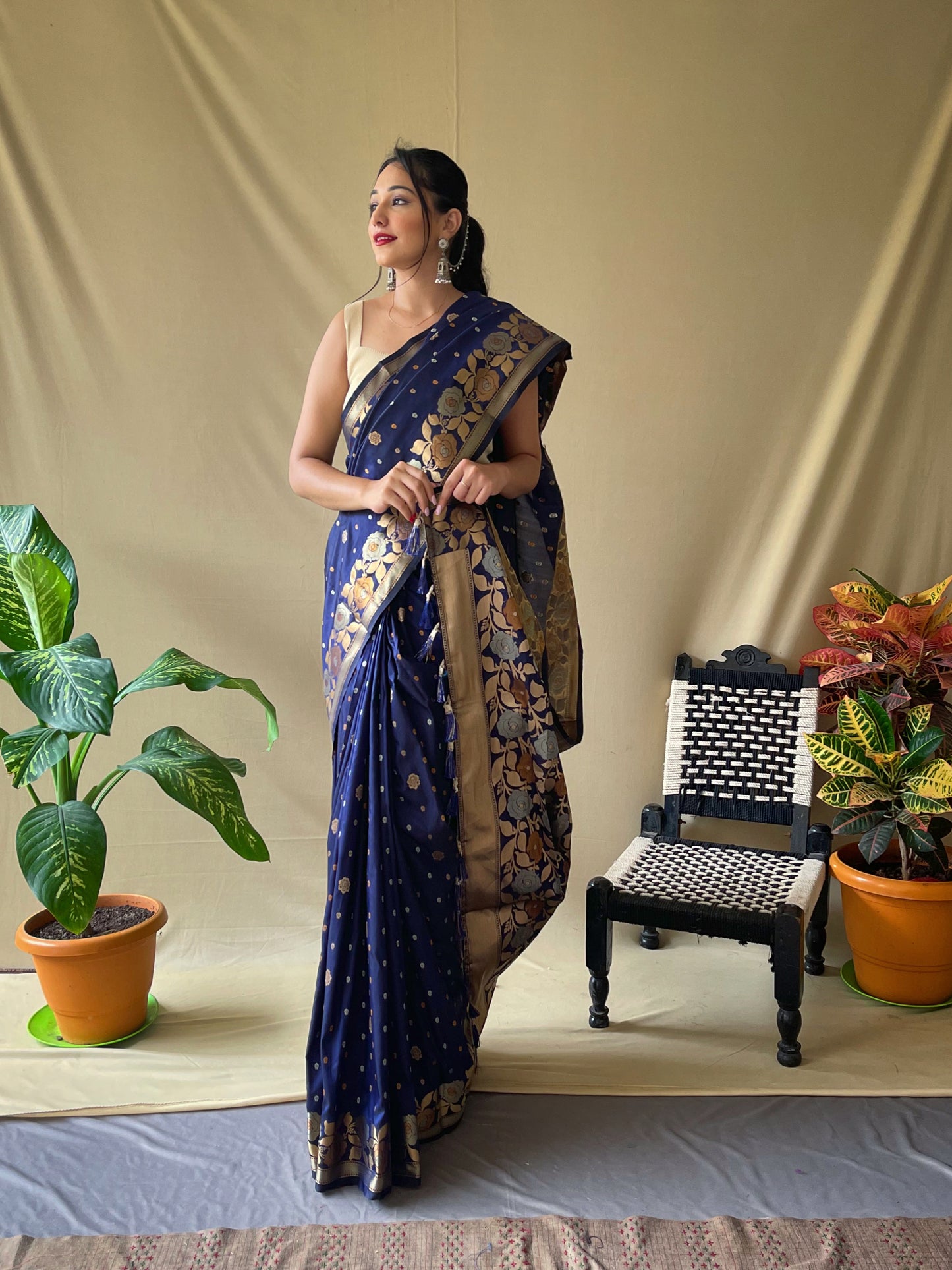 Dark Blue Pure Soft Silk Saree with Triple Zari Weaving