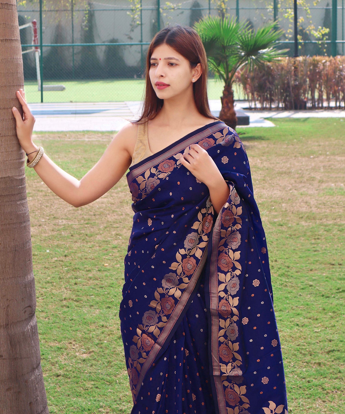 Dark Blue Pure Soft Silk Saree with Triple Zari Weaving