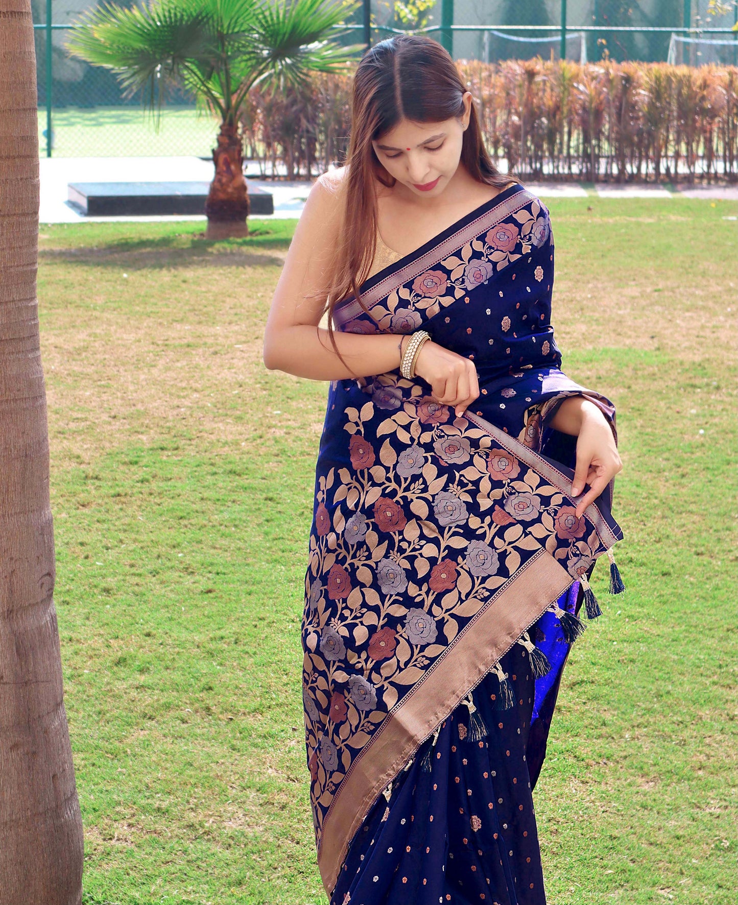 Dark Blue Pure Soft Silk Saree with Triple Zari Weaving