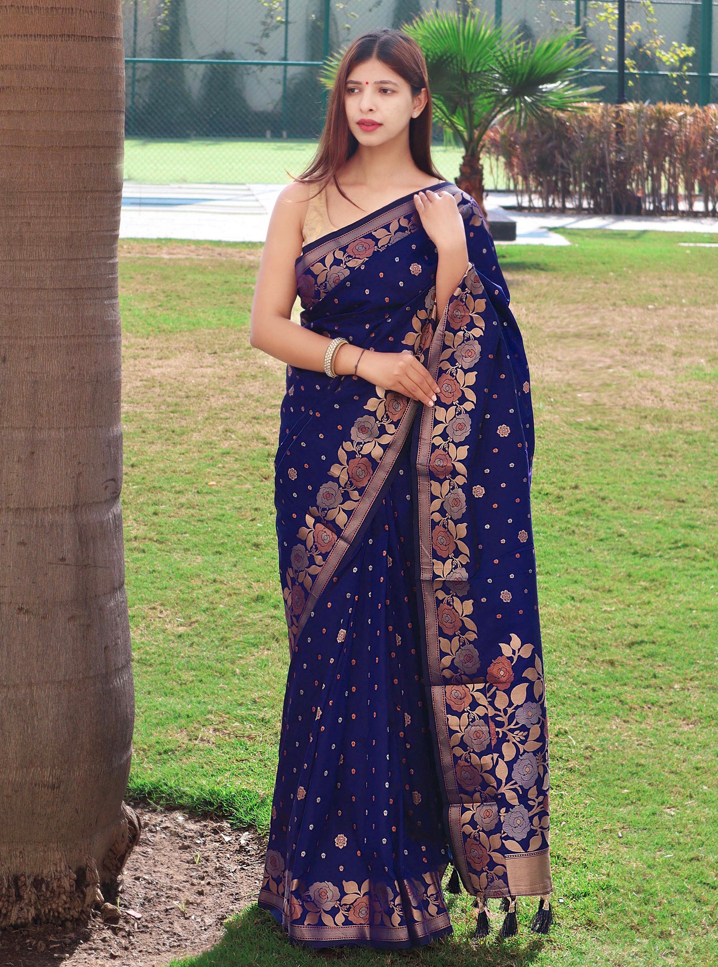 Dark Blue Pure Soft Silk Saree with Triple Zari Weaving