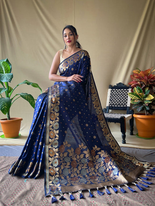 Dark Blue Pure Soft Silk Saree with Triple Zari Weaving