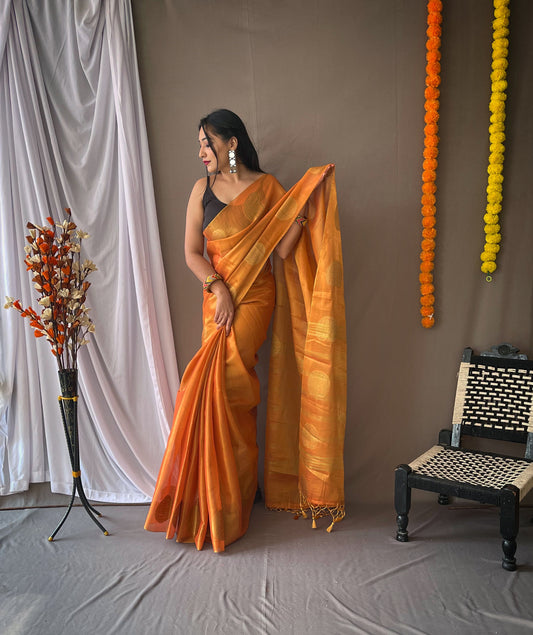 Orange Tissue Silk Saree with Tassels