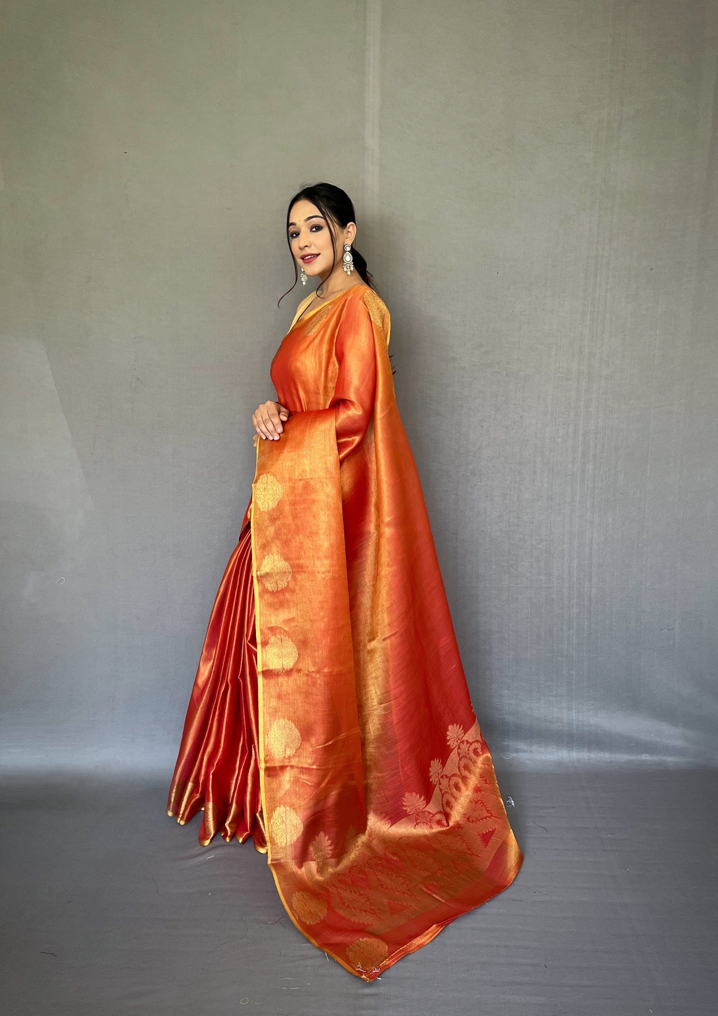 Orange & Gold-Toned Woven Design Zari Tissue Saree