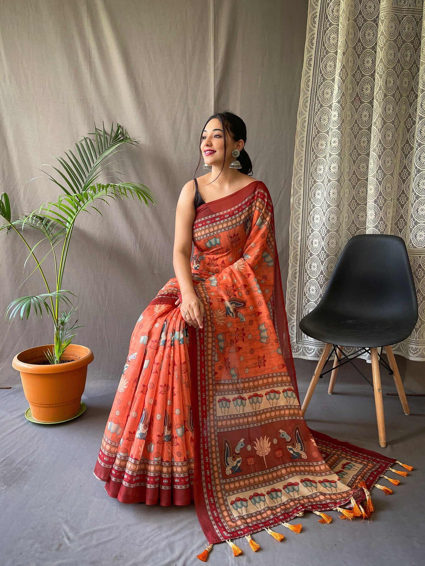 Fairytale Orange Kalamkari Printed Saree With Adorable Blouse Piece