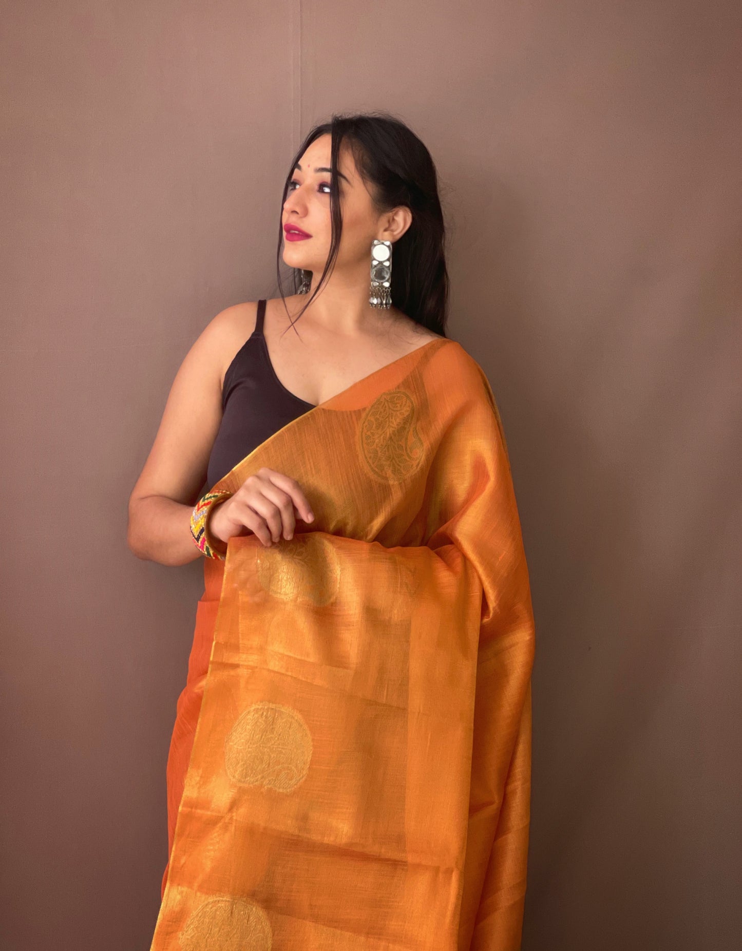 Orange Tissue Silk Saree with Tassels