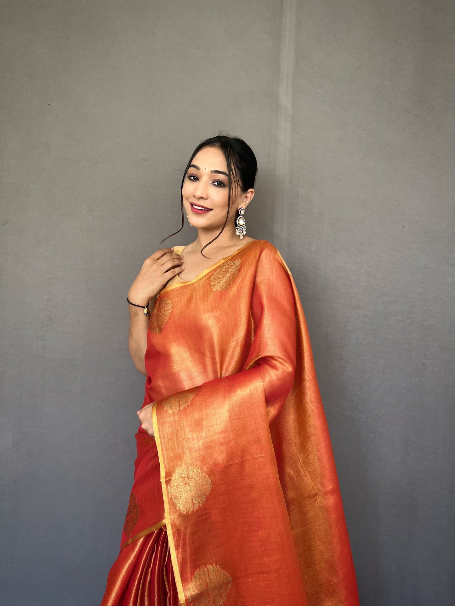 Orange & Gold-Toned Woven Design Zari Tissue Saree