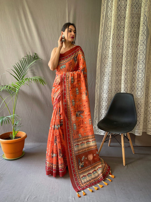 Fairytale Orange Kalamkari Printed Saree With Adorable Blouse Piece