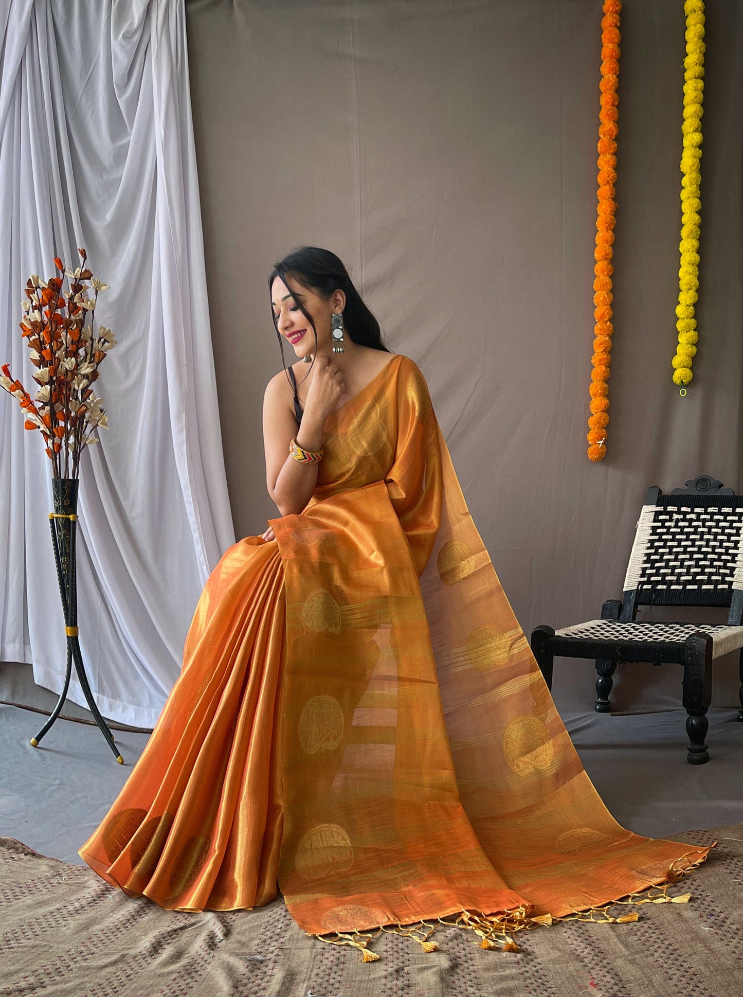 Orange Tissue Silk Saree with Tassels