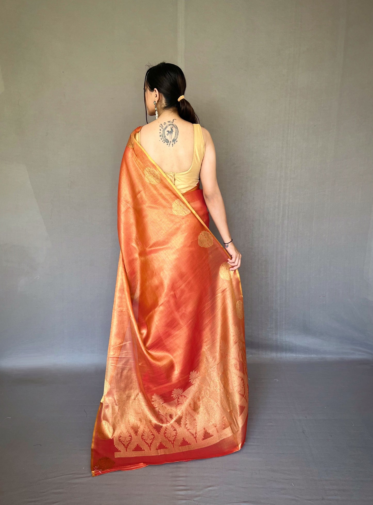 Orange & Gold-Toned Woven Design Zari Tissue Saree