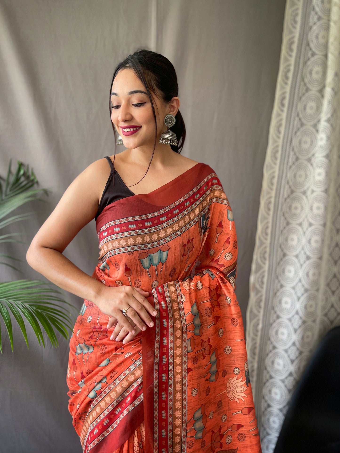 Fairytale Orange Kalamkari Printed Saree With Adorable Blouse Piece