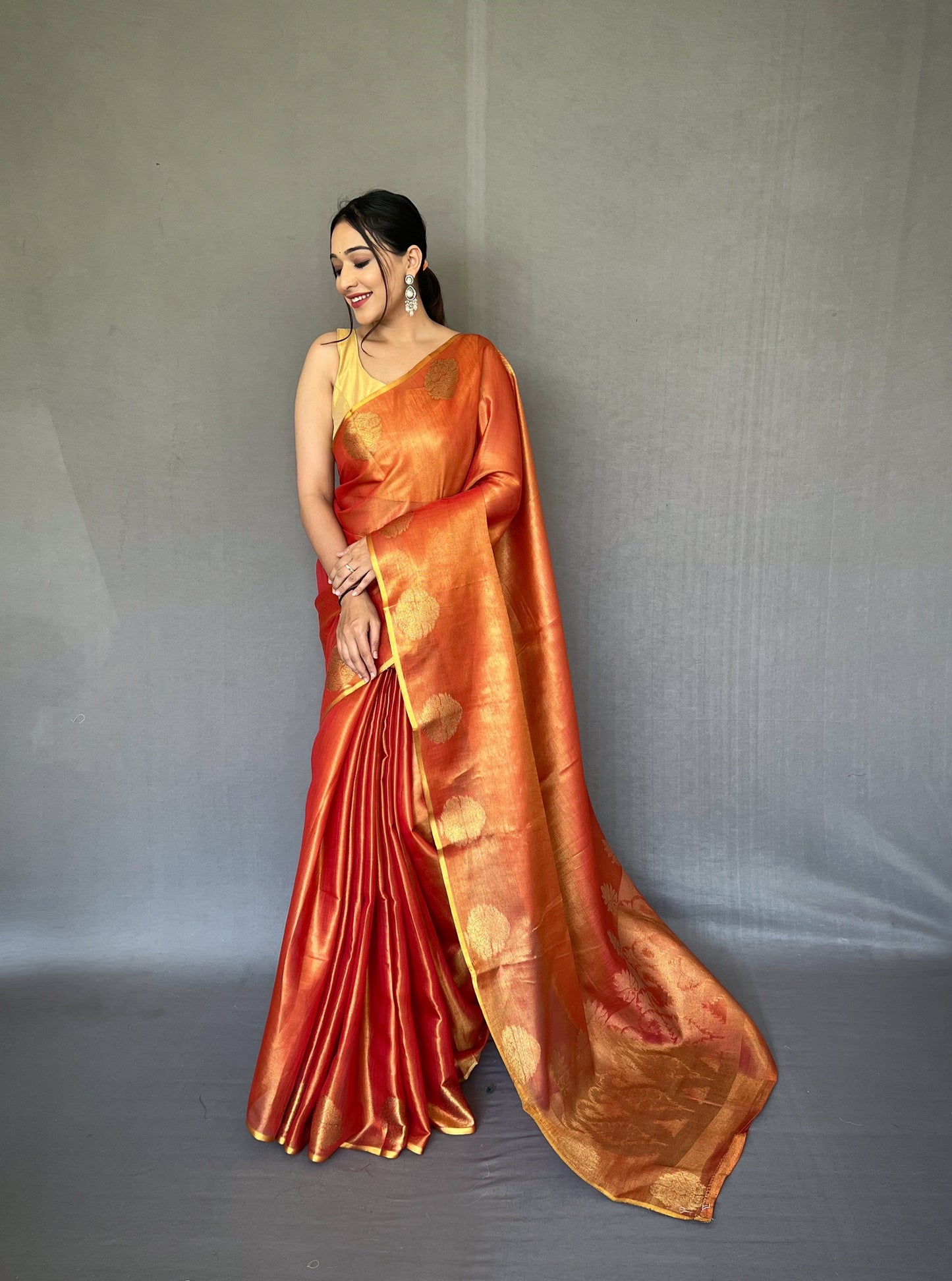 Orange & Gold-Toned Woven Design Zari Tissue Saree