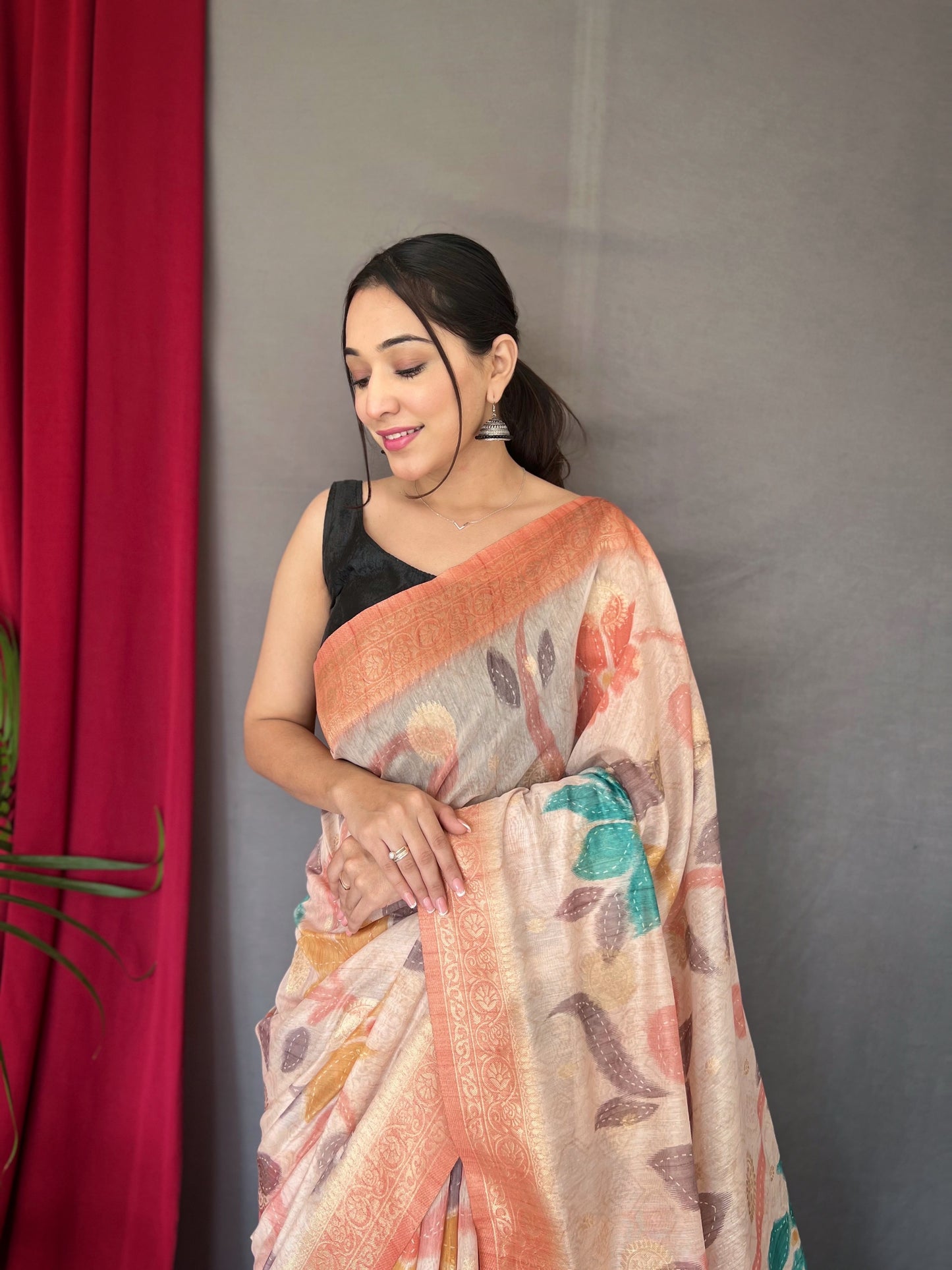 Peach Color Embroidered Saree with Contrast Border