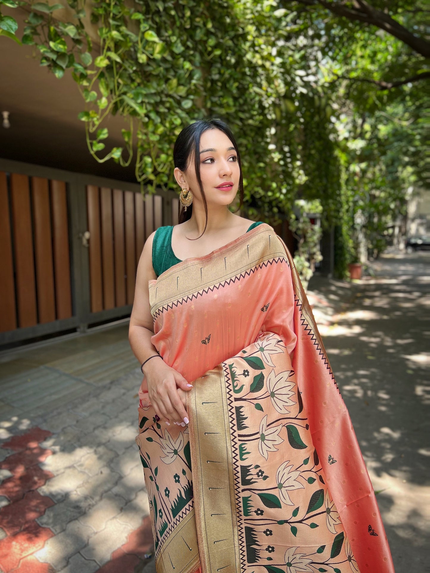 Peach Zari Woven Patola Silk Saree Set