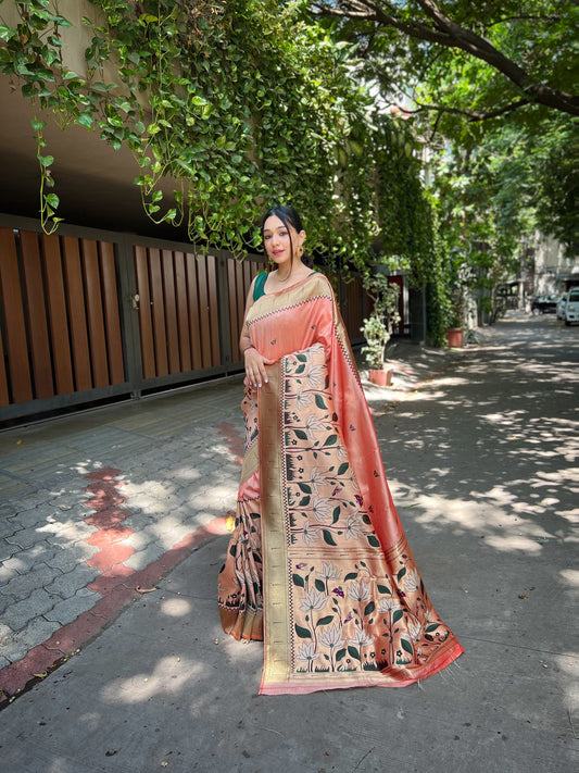 Peach Zari Woven Patola Silk Saree Set