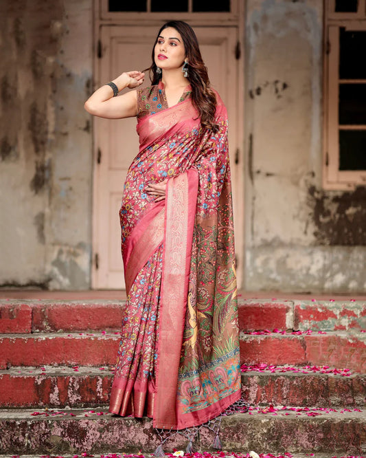 Pure Silk Digitally Printed Saree Weaved With Golden Zari Comes With Tassels