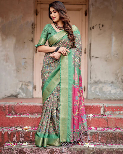 Pure Silk Digitally Printed Saree Weaved With Golden Zari Comes With Tassels
