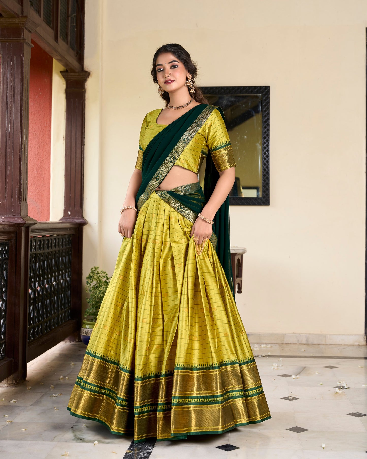 Parrot Colour Pattu Lehenga Choli  For Pongal