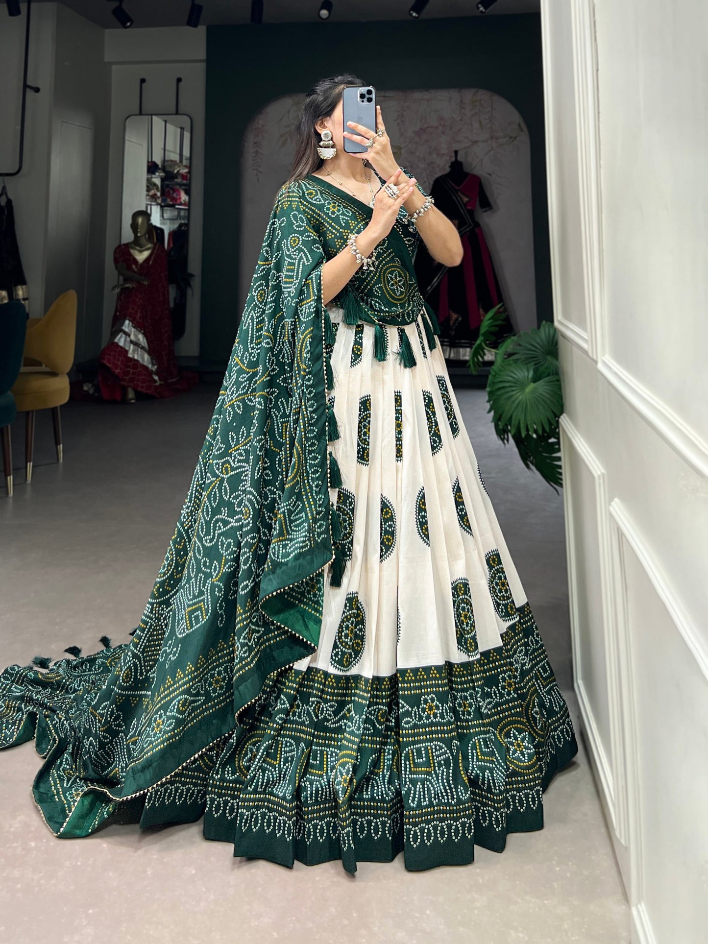 Striking Green Color Bandhani Printed Tussar Silk Event Wear Lehenga Choli