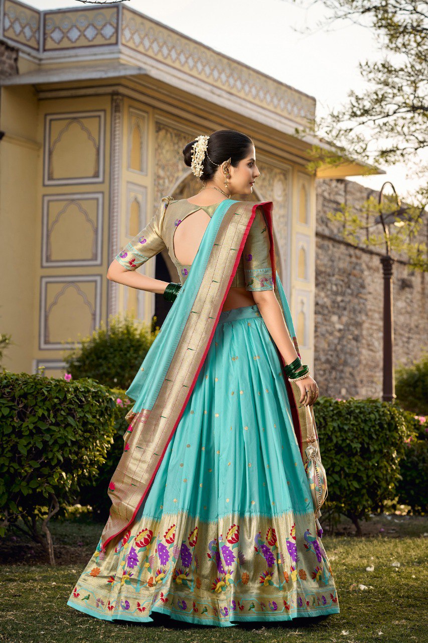 Sky Blue Zari Woven Jacquard Silk Lehenga Set With Purse