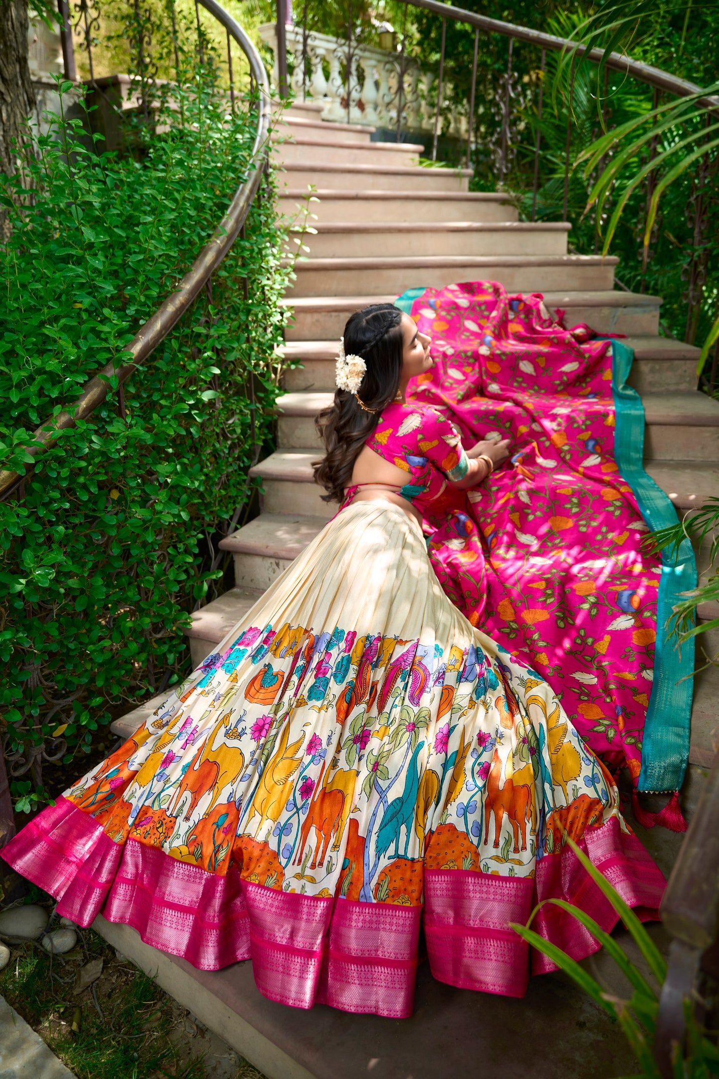 White Kalamkari Dola Silk Lehenga Choli Set with Zari Borders