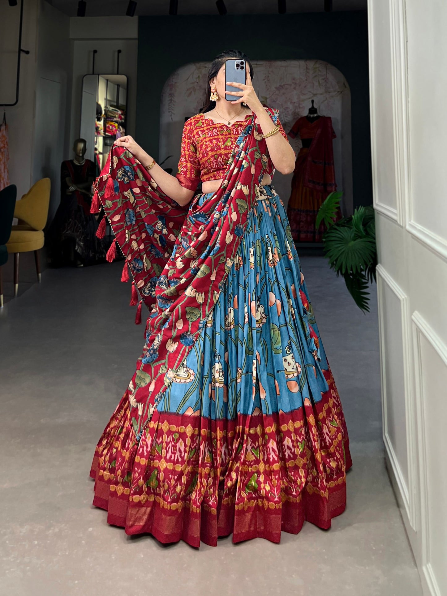 Tussar Silk Patola Print Firozi Blue Lehenga Choli