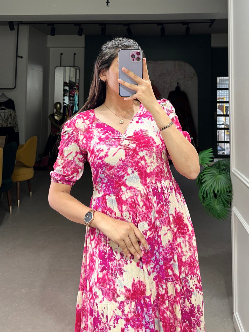 Pink Floral Print Sweetheart Midi Dress with Puff Sleeves