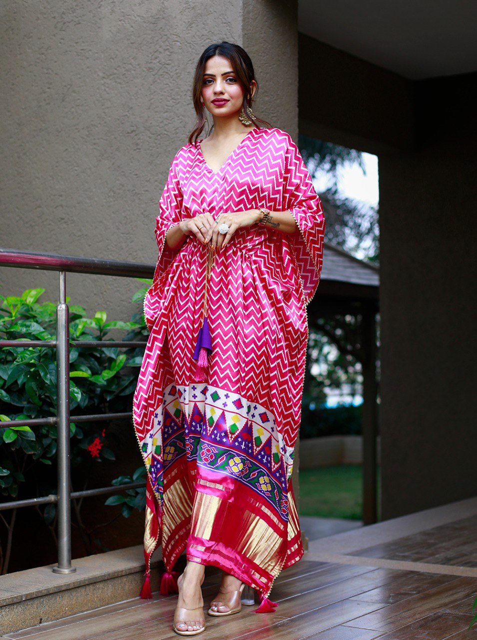 Pink Color Digital Patola Printed Pure Gaji Silk Kaftan